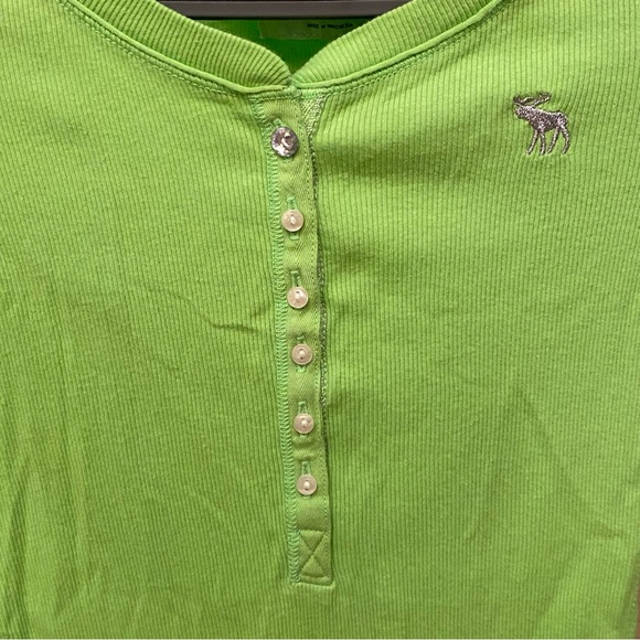 SOLD!! ABERCROMBIE & FITCH Neon Green Ribbed Henley Y2K Long Sleeve Top Size XS - Picture 3 of 6